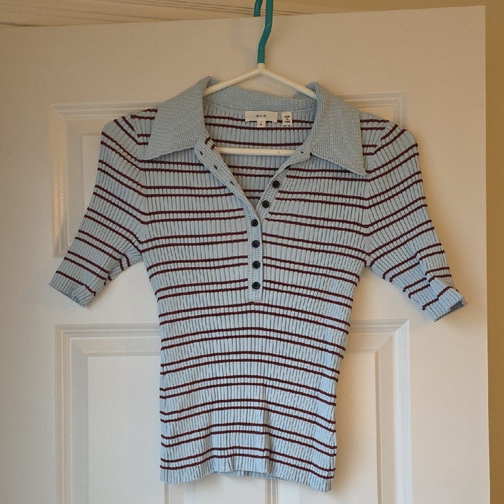 A.L.C. Light Blue Polo Knit with Burgundy Stripes